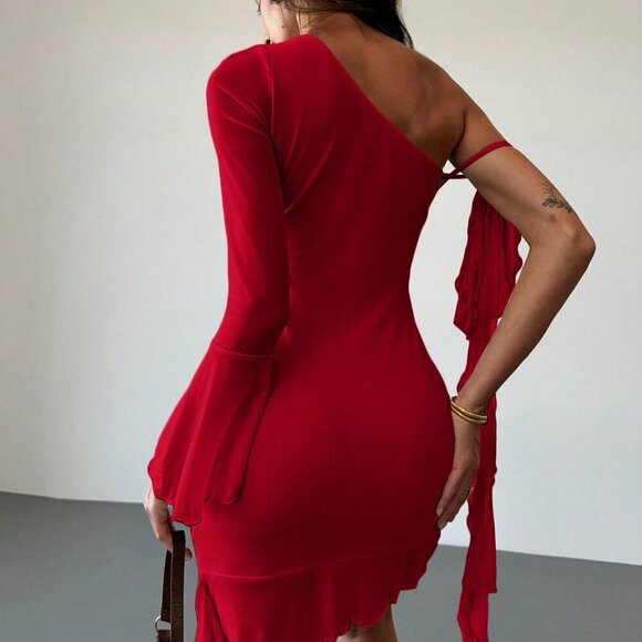 Red Sexy Women's One-Shoulder Fitted Ruffle Hem Mini Dress - Picture 2 of 7